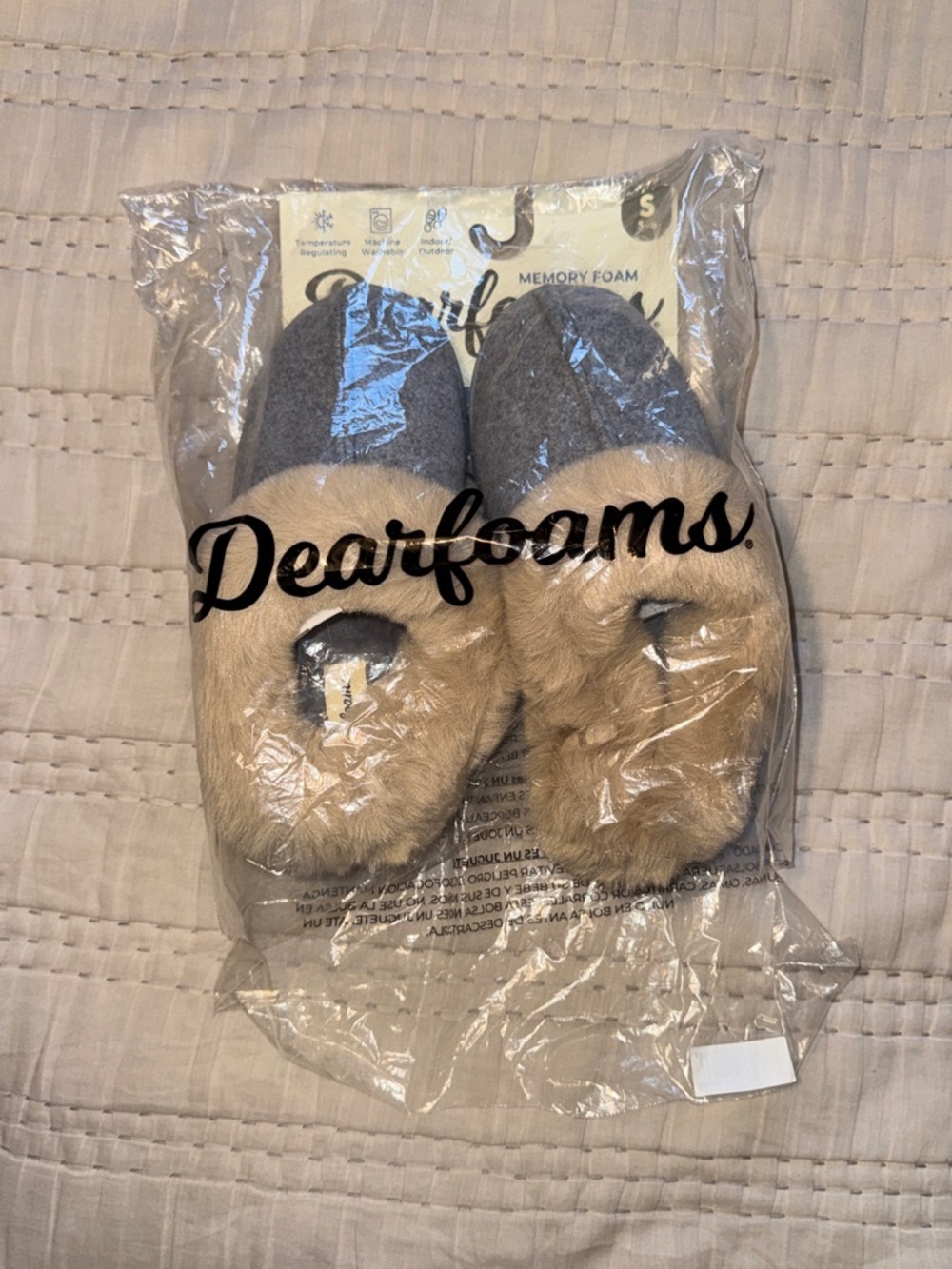 dearfoams Women’s Gray Slippers with Tan Faux-Fur Cuff